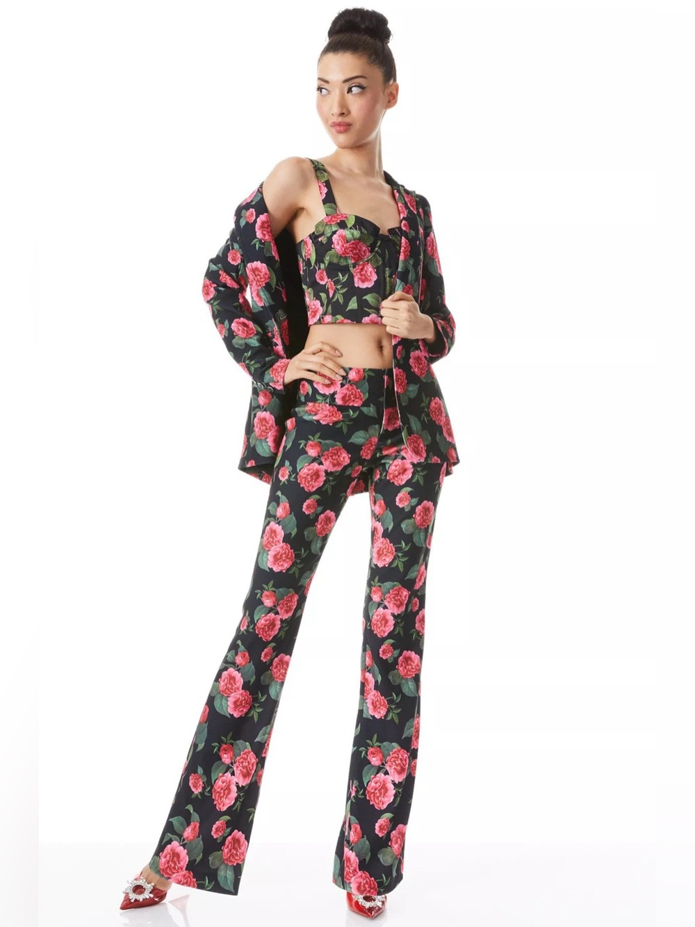 Alice + Olivia Floral Black Pink Rose Blazer & pants Set Size 8 Like New. - Picture 2 of 5